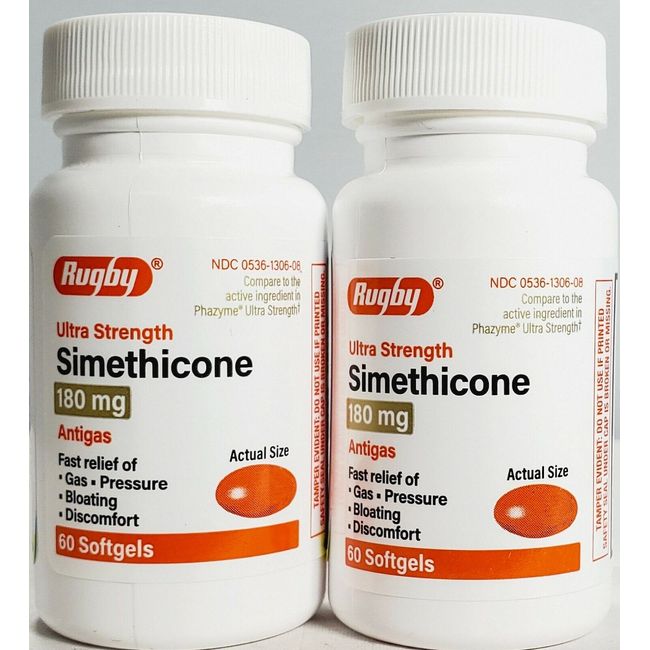 Rugby Simethicone Gas Relief 180mg 60ct -2 Pack (Compare to Phazyme) Exp 04-2026