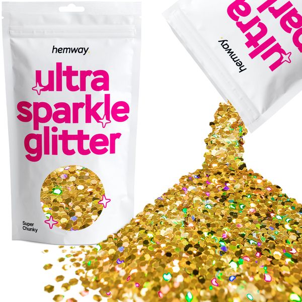 Gold Holographic Super Chunky Ultra Sparkle Glitter, 100g / 3.5oz Glitters Powder Packs for Resin, Craft Glitter for Tumblers Candle Slime, Festival Body Face Nail Glitter Gold Holographic