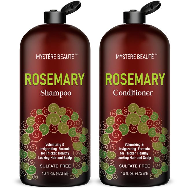 MYSTÉRE BEAUTÉ Rosemary Shampoo and Conditioner Set, Promotes Hair Growth & Scalp Health - Volumizing Formula for Thicker Healthier Hair & Scalp - Sulfate & Paraben Free, for Men Women - 16 fl oz each