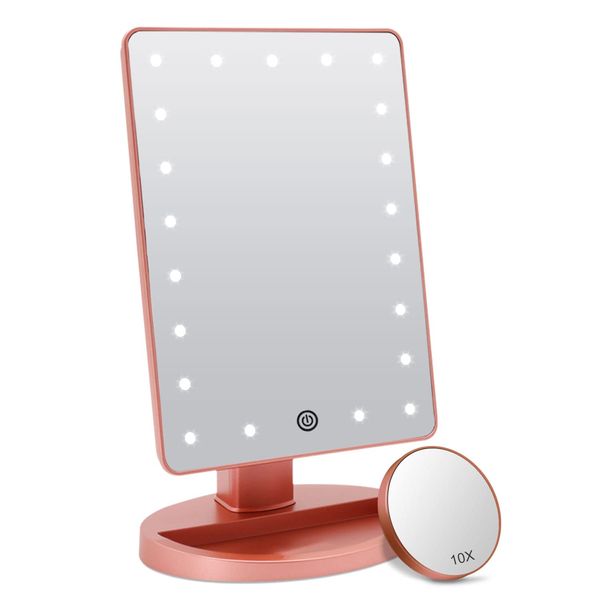 FASCINATE 21 LED Mirror with Light, Tabletop Stand Mirror, Stepless Dimming, USB Charging, 10x Magnifying Glass, For Makeup, Bright, Adjustable Angle, Popular, Pink