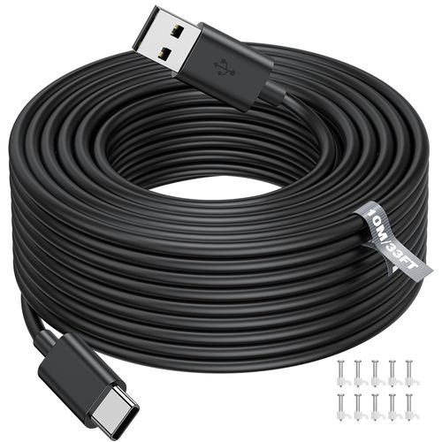 ASKUBSKU 33FT/10M USB to USB C Power Cable for CCTV Camera, Type C Power Extension Cable for Xiaomi Mi Security Camera Outdoor Indoor Cord with 10 Wire Clips Cable Nails, Black