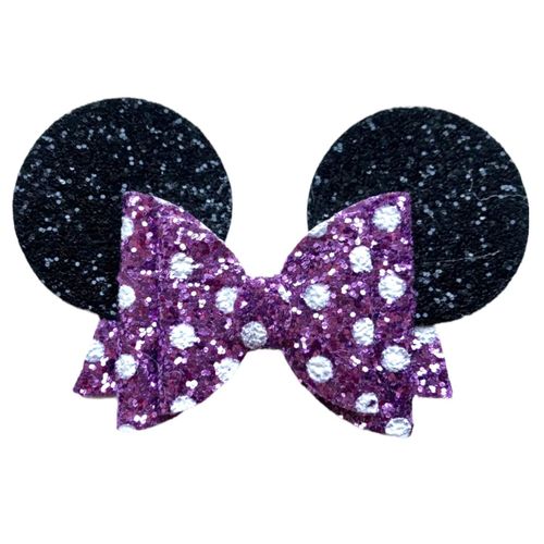 Minnie Mouse Ears Girls Glitter Hair Bows Clips Slides Grips 3.5" Inch Handmade 2pcs Mauve Purple & Hot Pink Polka Dot