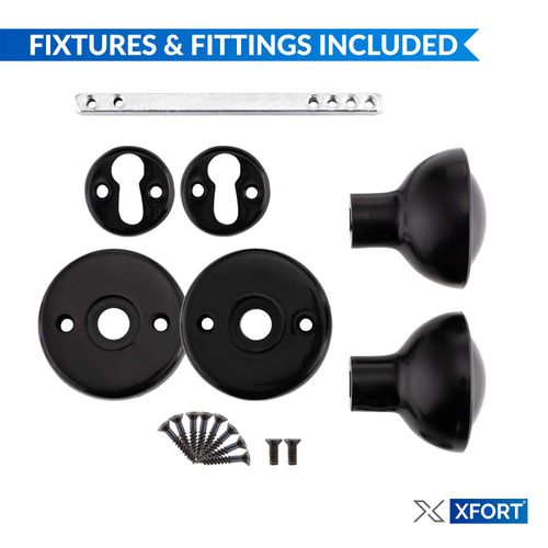 XFORT® Black Rim Mortice Knob Set, Plastic Rim Lock Knobs, Door Knob Handles Complete with Drilled Spindle, Rose Plate, Keyhole Escutcheons and Screws, for use with Rim Sashlocks or as Mortice Knobs