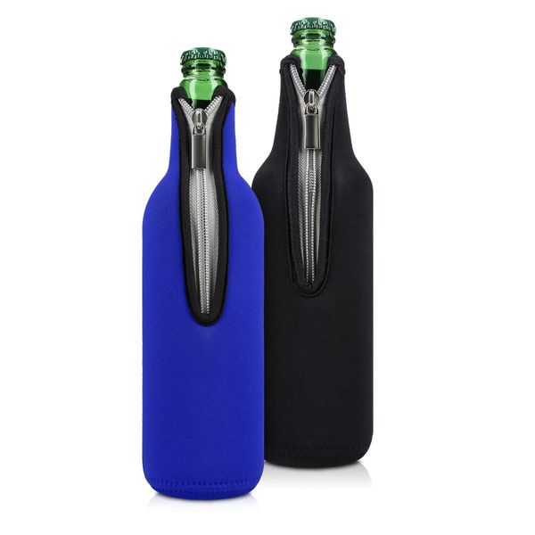 kwmobile Set of 2 Neoprene Bottle Coolers Sleeves for 330-500ml Bottle - Keep Beer, Soda, Soft Drinks Cool - Black/Blue