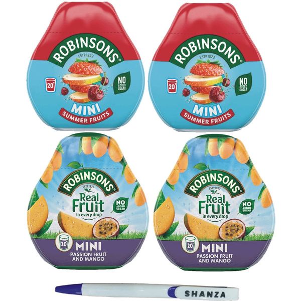 Robinsons Squash’d Mini Squash’d – 2 Flavour Pack – 2 x Summer Fruit and 2x Mango & Passion Fruit – No Added Sugar – Real Fruit in Every Drop With Shanza Pen