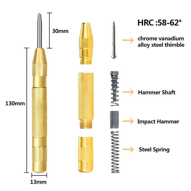 Automatic Spring Loaded Centre Punch With Knurled Brass Window Breaker