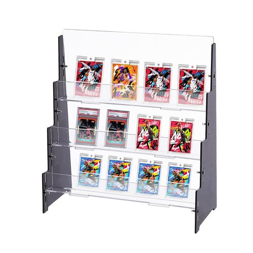 DICOSMETIC 3-Tier Acrylic Trading Card Display Stand Greeting Card Holder Portable Display Rack Black Sports Cards Organizer for Trade Shows Vendors Retail Counter