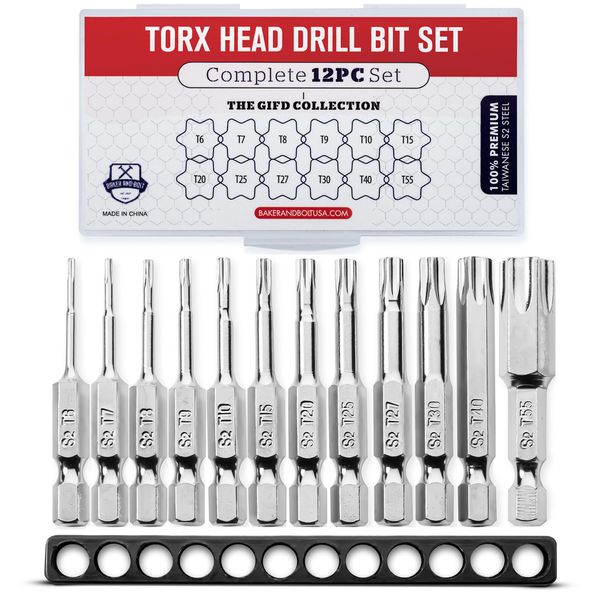 Torx Head Drill Bit Set - Premium12pc Set w/Storage Case T6 - T55 1/4in Hex S...