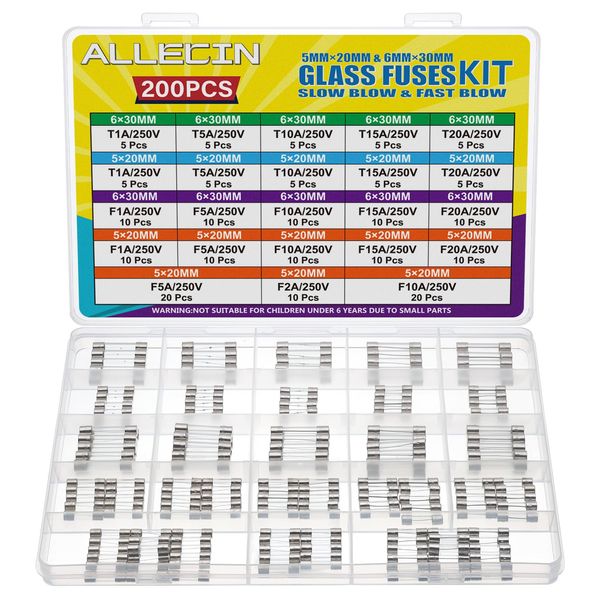 ALLECIN 21 Values Glassicherung Set 250V 5x20MM 6x30MM Sicherung Flink F 1A 2A 5A 10A 15A 20A Feinsicherungen Träge T 1 5 10 15 20 Ampere Feinsicherung Sortiment Glassicherungen Glas Sicherungen Kit