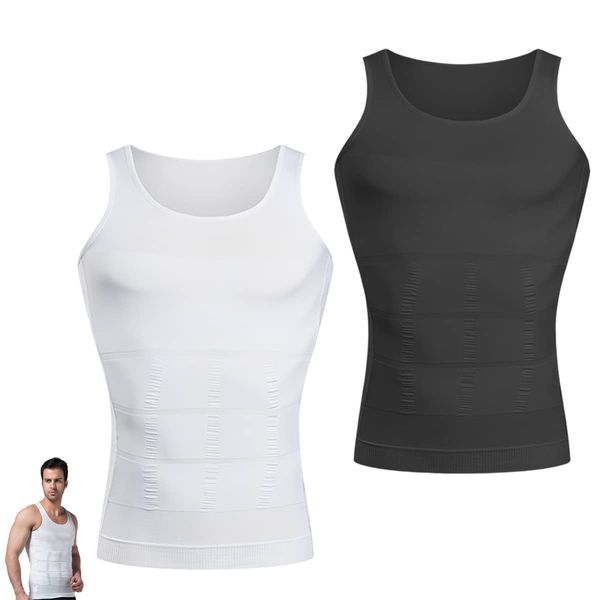 Men Compression Shirts, 2 Pack Slimming Body Shaper Vest Tummy Control Shapewear Abdomen Undershirt Tank Top