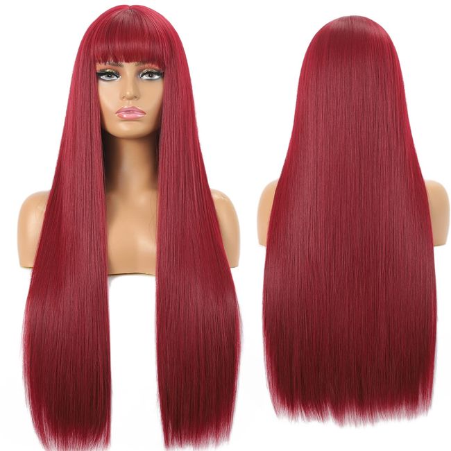 seelaugh Perücke Rot Lang Perücke mit Pony 75 cm Red Glatte Gerade Lange Wig with Fringes Kunsthaar Perücken für Damen Burgundy Wig with Bangs Synthetic Hair Long Straight Red Wigs for Women