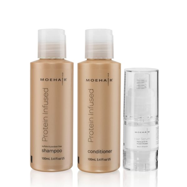 MOEHAIR Travel Size Shampoo and Conditioner set Protein Shampoo (3.4 Fl Oz), Conditioner (3.4 Fl Oz) and Hair Serum (0.51 Fl Oz), Travel Essentials, Travel Size Toiletries