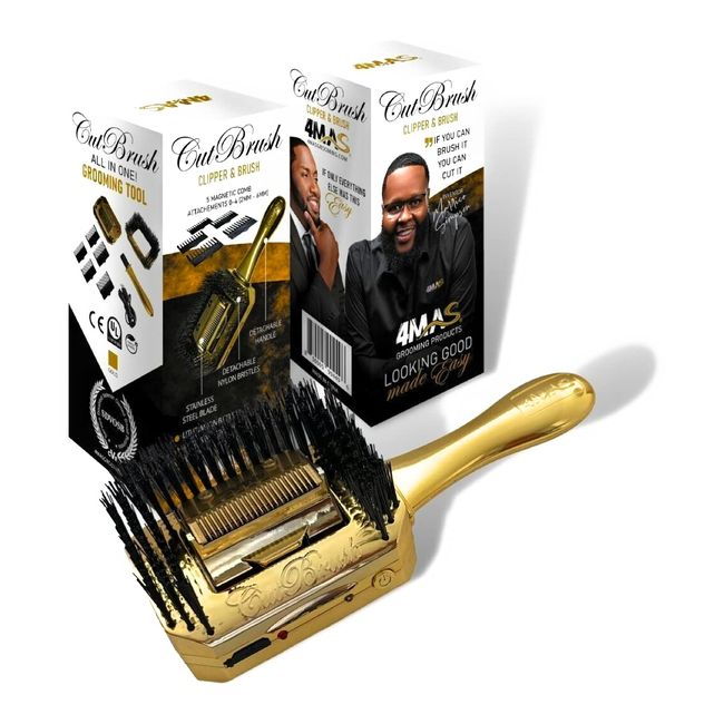 4MAS Self-Grooming Hair and Beard Cutting Hairbrush, (CutBrush Gold Mod 3) 5 Comb Attachments and Charging Cable Included