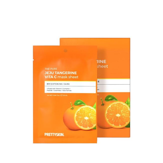 PS.PRETTYSKIN Jeju Tangerine Vitamin C Facial Mask Sheet (Pack of 10) with Panthenol + Adenosine + Niacinamide for Moisturizing, Soothing, Korean skincare