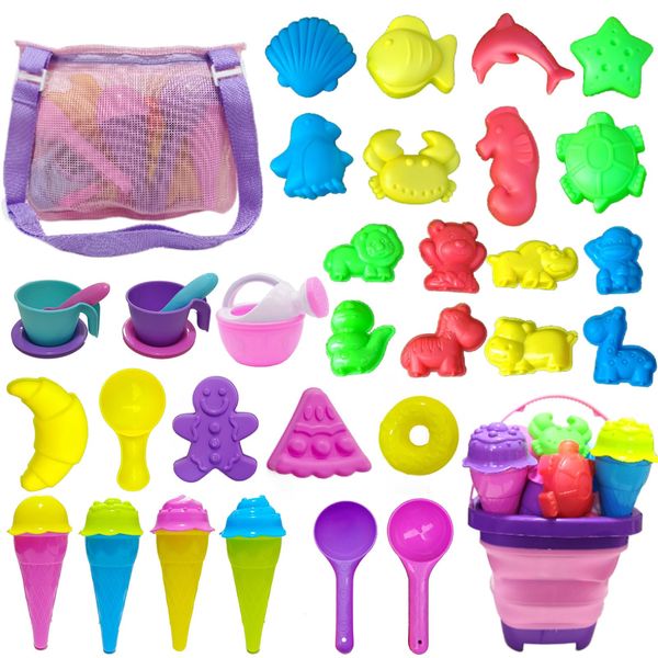 GIFTRRTOY Kids Beach Sand Toys Set, 36 Pieces Beach Toys with Collapsible Sand Bucket, Mesh Bag, Shovels, Ice Cream, Watering Can, Models, Outdoor Beach Sand Toys for Girls Boys Age 3 4 5 6 7 8 9