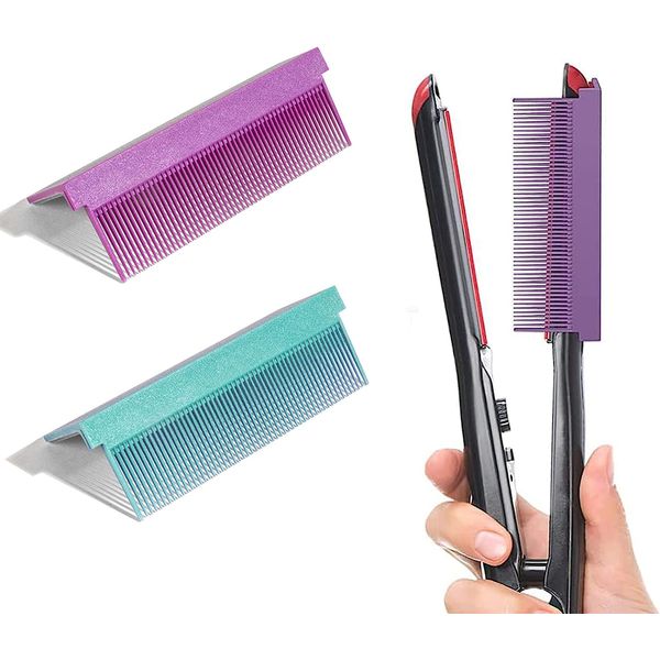 2 Pack Barber Straightening Comb Attachment Hair Straightener Comb Women DIY Combs Accessories Fit Hair Straightening Flat Iron for Low and High Temperature (Purple+Green)