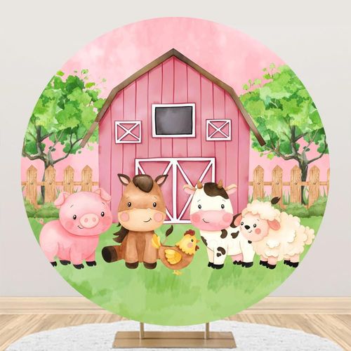 Laeacco 7.2x7.2ft Farm Animals Theme Round Backdrop Pink Barn Door Farmhouse Cartoon Pig Cow Chicken Photography Background for Girls Children Baby Shower Birthday Party Decor Portrait Booth Props