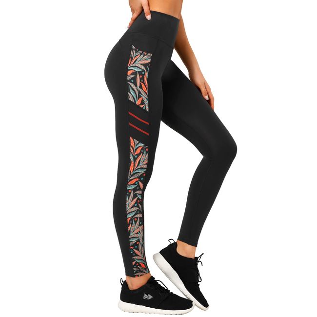 Yvette Printed Damen Sport Leggings mit Taschen, high Waist Blickdicht Gym Sporthose, Orange Printed, XXL