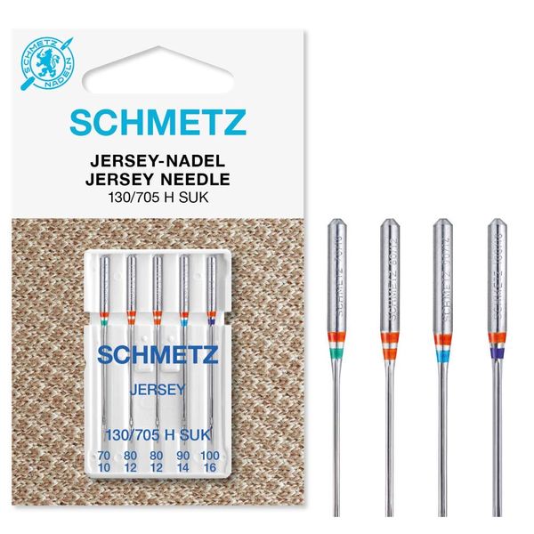 SCHMETZ Domestic Sewing Machine Needles | 5 Jersey Needles | 130/705 H SUK | Needle Size 1x 70/10, 2X 80/12, 1x 90/14 and 1x 100/16 | for on All Conventional Household Sewing Machines