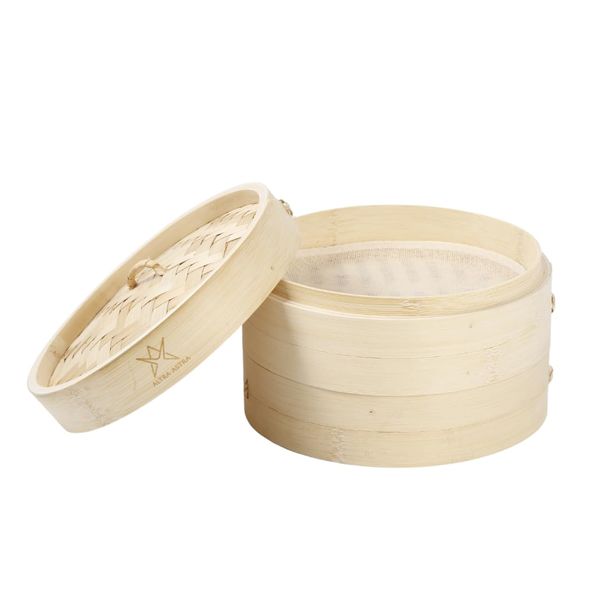 Altra Astra Bamboo Steamer - 8 inch, 100% Glue Free Construction with Reusable Cotton Sheets, Perfect for Healthy Steaming of Dim Sum, Bao Buns, Vegetables, Meat & Fish, 2 Tiered Basket