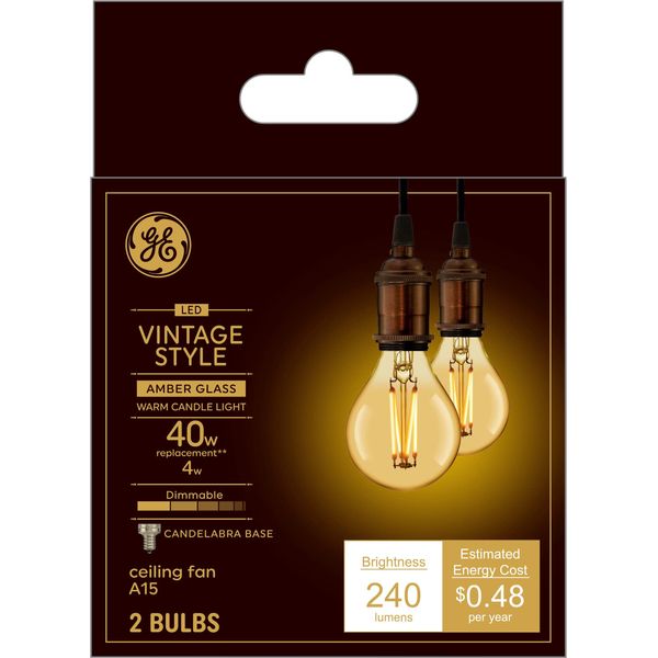 GE Vintage Style LED Light Bulbs, 40 Watt, Amber Finish, Small Base (2 Pack)