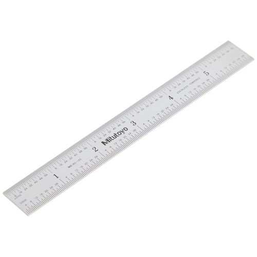 Mitutoyo 182-105, Steel Rule, 6" X 150mm, (1/32, 1/64", 1mm, 1/2mm), 3/64" Thick X 3/4" Wide, Satin Chrome Finish Tempered Stainless Steel