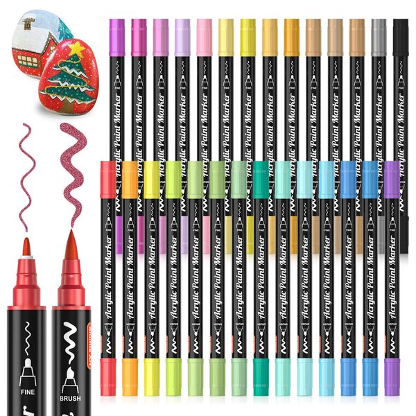 28 Metallic Colors Dual Tip Acrylic Paint Markers, Brush Tip and Fine Tip Acrylic Paint Pens for Rock Painting, Ceramic, Wood, Canvas, Plastic, Glass, Stone, Calligraphy, Card Making, DIY Crafts