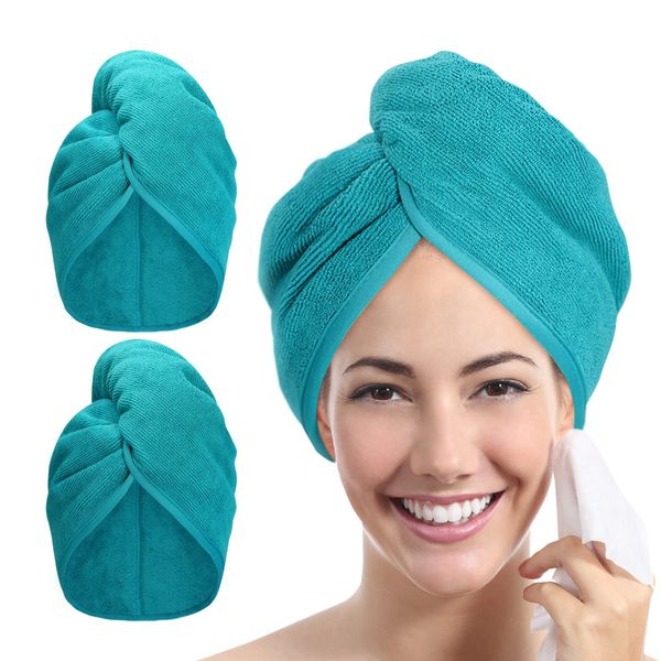 YoulerTex Microfiber Hair Towel Wrap - 2Pack Hair Head Drying Turban Curly Fast Absorbent Dry Anti Frizz Twist Plopping Long Shower Turban for Women with Button (Aqua Green)