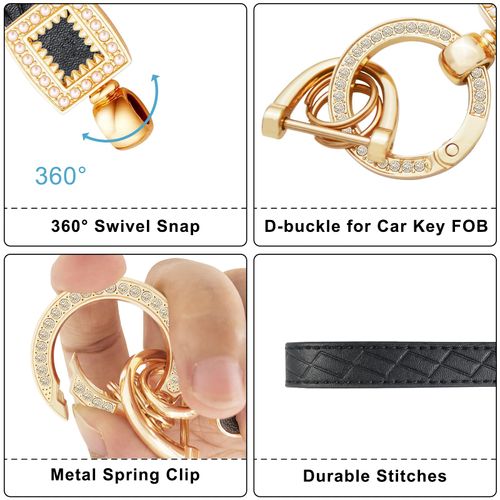 OHKYOOT Microfiber Leather Wristlet Keychain,Key Chain Holder Car Keys Keychain with 5 Key Ring and Anti-Lost D Ring (Black Gold)