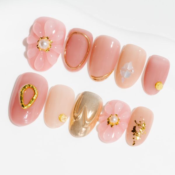 Sun&Beam Nails Handmade Nail Tip, Medium, Long, Oval, Round, Short, Pink, Gold, Glitter, Popular, 3D, Fashionable, Cute, Heart Design, False Nails, Set of 10 (#77 XS)