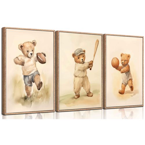 3Pcs Teddy Bear Sports Nursery Animal Canvas Wall Art Cute Woodland Baby Bear Rugby Wall Decor Pictures Football Basketball Baseball Kids Room Posters Prints for Children Bedroom Decoration No Frames