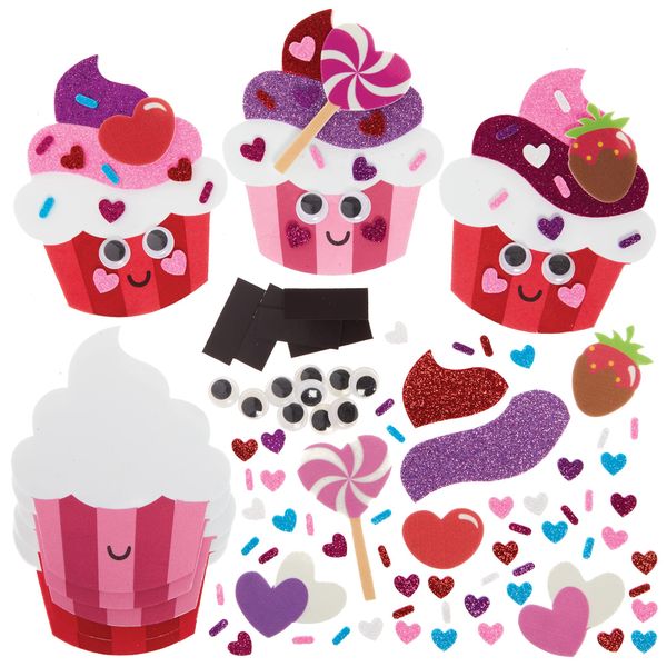 Baker Ross FX329 Love Heart Cupcake Magnet Kits - Pack of 8, Valentine's Day Foam Craft Kit for Kids