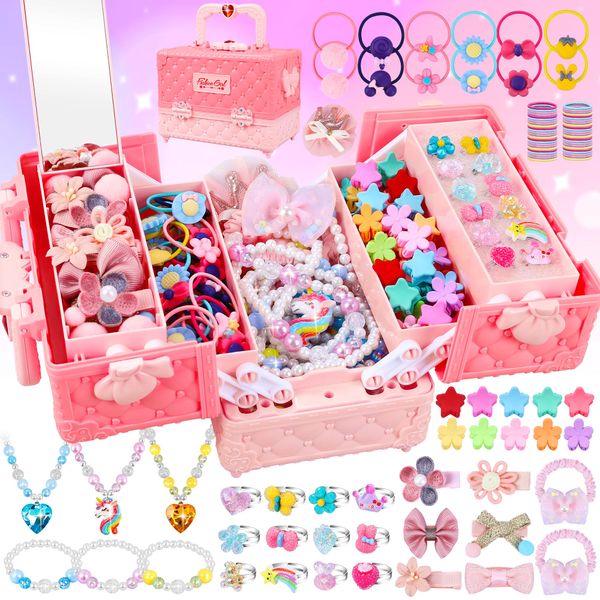 MINIFUN Jewelry Toys for Girls, 172Pcs Jewel Rings, Necklaces, Bracelets, Hair Ties, Hair Clips, Princess Dress Up Toys Pretend Play Jewelry Set, Gift Toys for Age 3 4 5 6 7 8 9+ Girls Kids Toddlers