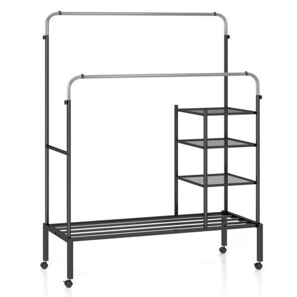 Rolling Double Rods Garment Rack with Height Adjustable Hanging Bars-Silver