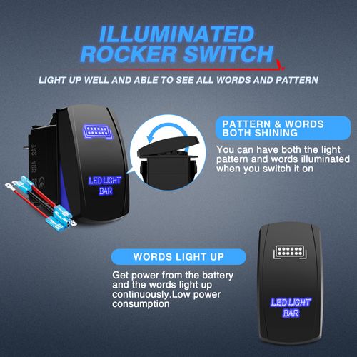 MICTUNING MIC-LSB1 Laser LED Light Bar Rocker Switch ON-Off LED Light 20A 12V, 5pin, Blue