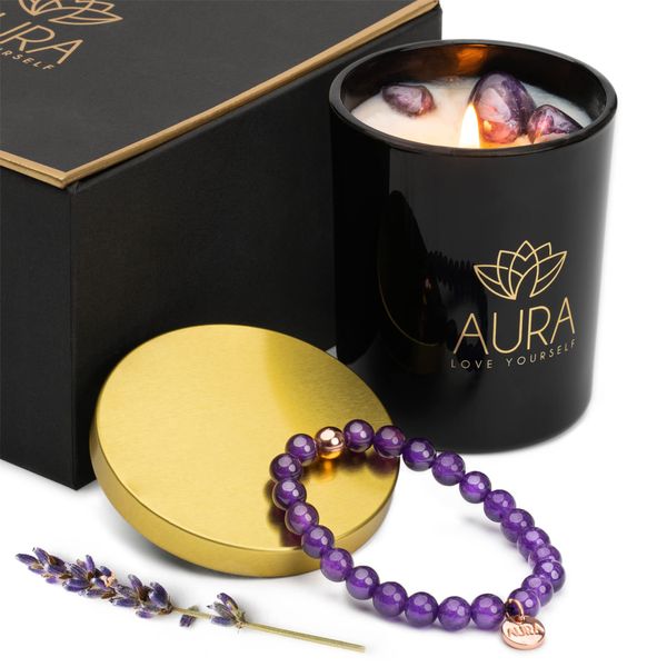 Relaxation Gifts for Women Stress Relief Birthday Gift Set Crystal Candle Amethyst Beaded Bracelet Scented Soy Candles Purple Healing Crystals Spiritual Gift Box Anxiety Calming Unique Gifts for Mum