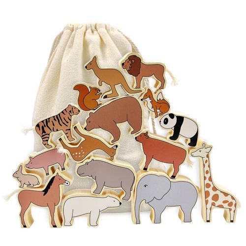 Xylolin Wooden Zoo Animal Blocks Stacking and Balancing Toy, Toddler Wood Animal Figures Blocks Imaginative Play, Preschool Educational Toys and Stack Balance Games for Kids
