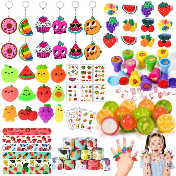 84Pcs Fruits Party Favors Kid Birthday Supplies Squeeze Bouncy Ball Ring Keychain Slap Bracelet Tattoo Mini Toy Gift Watermelon Summer Birthday Girl Boy Party Favor Goodie Bag Stuffer Filler