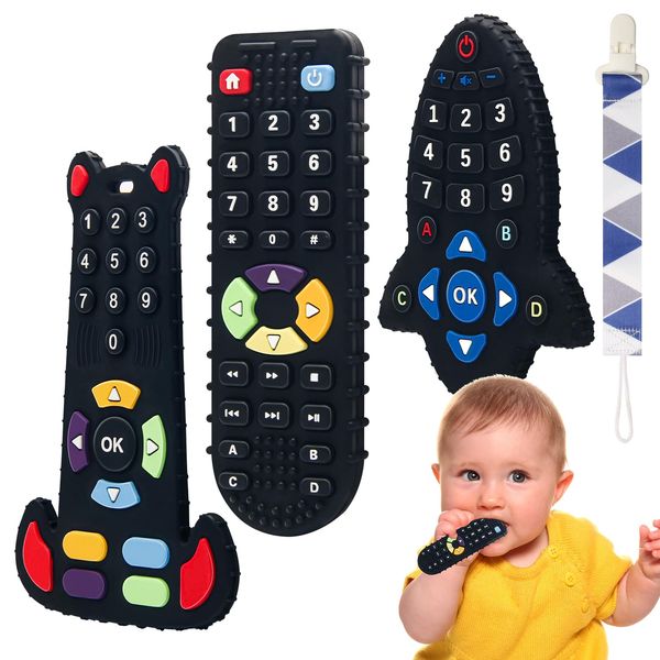 Wiwaplex Baby Teething Toys, Food Grade Silicone Teether for Babies 3 6 12 18 Months, 3-Pack TV Remote Shape Toddlers Chew Toys (Black)