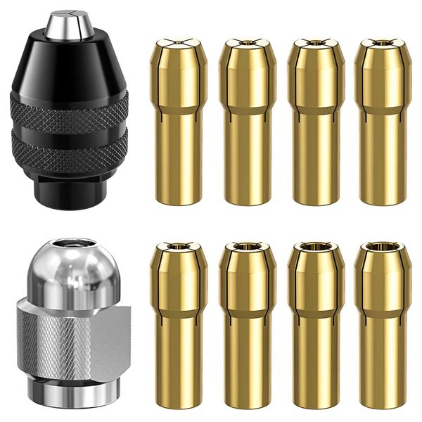 Drill Chuck Collet Set for Dremel, 1/32" to 1/8" Replacement 4486 Drill Keyless Bit Chuck Shank Rotary Tool Quick Change Adapter with Replacement 4485 Brass Quick Change Rotary Drill Nut Tool Set