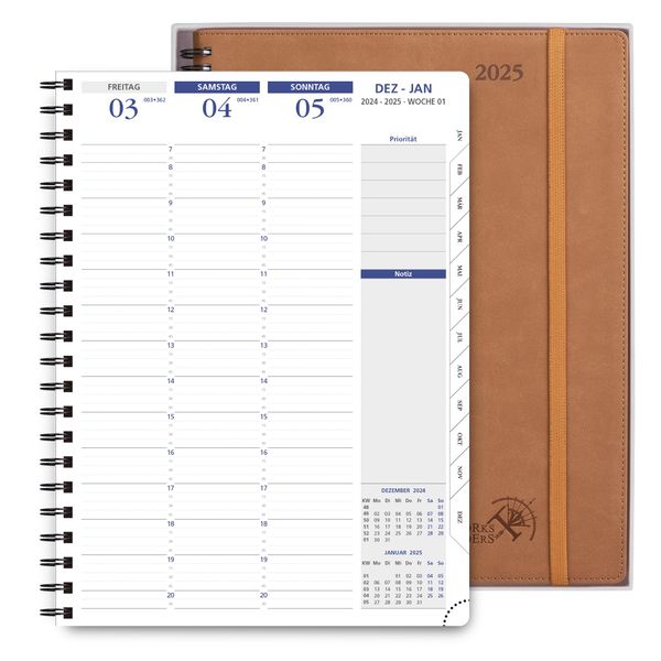 POPRUN Kalender 2025 Wochenplaner Ringbuch mit Softcover 28.5 x 22.2 cm - auf Deutsch - Terminplaner 2025 A4 mit 15-Minuten-Intervall und Vertikalem Wochenlayout, 100 GSM Papier - Braun