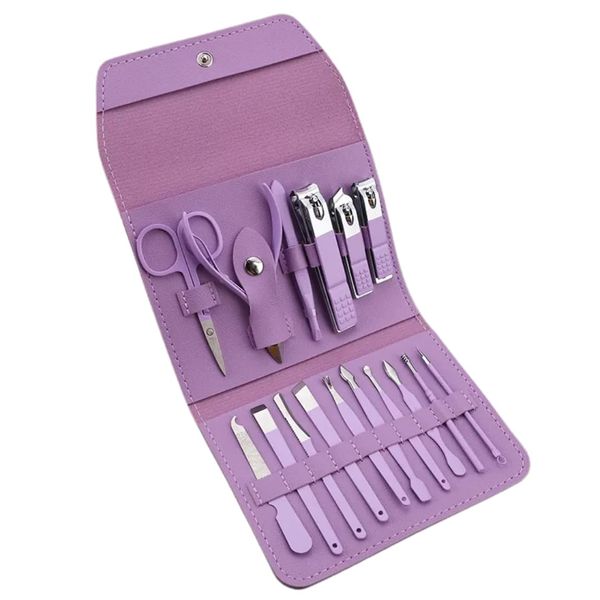 16 in 1 Nail Clippers Kit Stainless Steel Pedicure Grooming Set Full Function Nail Care Tools Manicure Set with Leather (Purple)