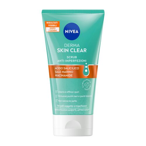 NIVEA Derma Skin Clear Scrub Viso Anti-Imperfezioni 150 ml, Scrub esfoliante per la cura della pelle grassa e mista con Acido Salicilico, Sale Marino e Niacinamide, Esfoliante viso e corpo purificante