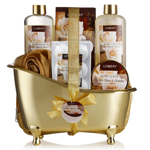 Valentines Gifts Home Spa Gift Basket, Luxury 13pc Bath & Body Set For Men & Women, White Rose & Jasmine Scent - Shower Gel, Bubble Bath, Body Scrub, Salts, 6 Bath Bombs, Pouf, Cosmetic Bag & Gold Tub