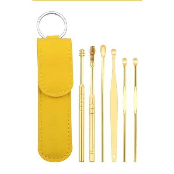 OnQ Earwax Cleaning Earpick 6-piece Set Earwax Removal Earpick Leather Case Earplug, 1 set of gold