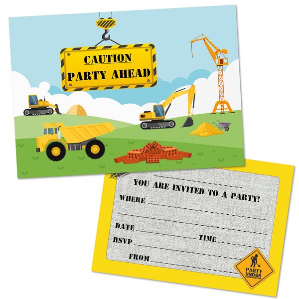 (Pack of 12) Construction Vehicle Birthday Party Invitations with Bright Yellow Envelopes