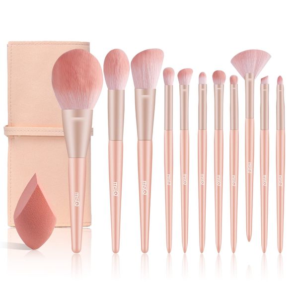 EDTRE Makeup Brushes, Set of 11, Popular, Cute, Not Too Hard or Too Soft, Makeup Brush Set, Makeup Tool, PU Leather Pouch Included, Multi-functional, Makeup Sponge Puff Included, Peach Color