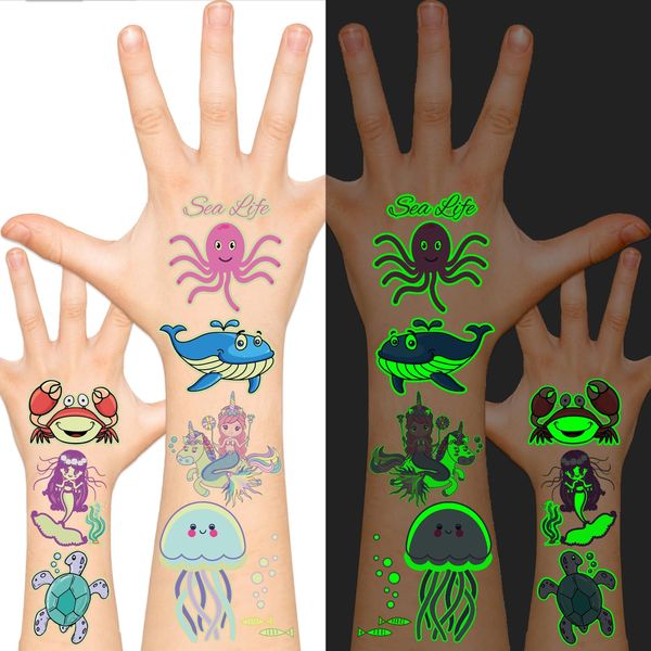 EMOME Glow Temporary Tattoos for Kids, Kid Tattoos for Party Favors Decorations Supplies, Cute Tattoo Sticker Goodie Bag Stuffers Boys and Girls (Mermaid)