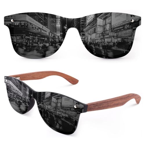 GQUEEN Sunglasses Wood Men Women Polarised Retro UV400, 1 glossy black grey