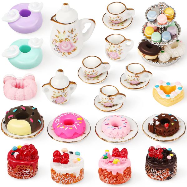 40 Pcs 1:12 Scale Dollhouse Miniature Kitchen Accessories Set Includes 15 Flower Pattern Porcelain Tea Cup 24 Mixed Pretend Cake Foods 1 Mini Three-Tier Cake Stand for Decor Supply (Fresh Style)